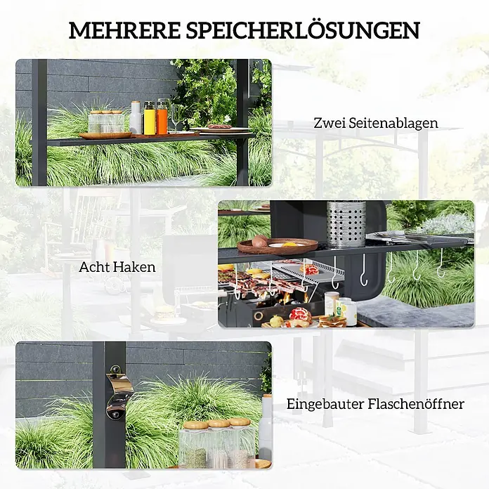 Furnicato Grillpavillon - B x T: 148 x 243 cm, Farbe Gestell: Dunkelgrau, Metall - Dunkle Metall-Servierstation für den Außenbereich mit zwei Seitenablagen, acht Haken und integriertem Flaschenöffner.