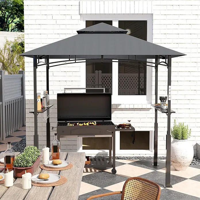Furnicato Grillpavillon - B x T: 148 x 243 cm, Farbe Gestell: Dunkelgrau, Metall - Grauer Grillpavillon mit Seitenablagen über einem Grill auf einer Außenterrasse.