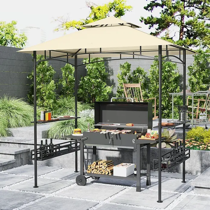 Furnicato Grillpavillon - B x T: 150 x 240 cm, Farbe Gestell: Dunkelgrau, Stahl - Ein beiges Grillpavillon mit dunkelgrauem Metallrahmen und integriertem Holzkohlegrill, im Garten für Outdoor-Kochen.