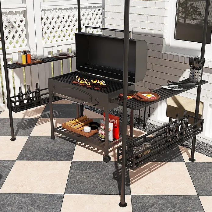 Furnicato Grillpavillon - B x T: 150 x 240 cm, Farbe Gestell: Dunkelgrau, Stahl - Großer dunkelgrauer Metall-Außengrill mit Seitenablagen, Stauraum und kochendem Essen auf einer gefliesten Terrasse.