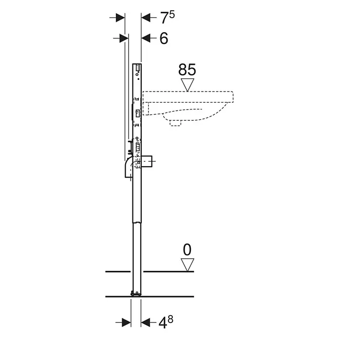 Geberit Waschtisch-Vorwandelement - L x B x H: 4,8 x 50 x 98 cm - Technische Zeichnung eines WC-Vorwandelements. Zeigt Höhen- und Tiefenmaße, Bodenniveau und eine skizzierte Hänge-WC-Kontur.