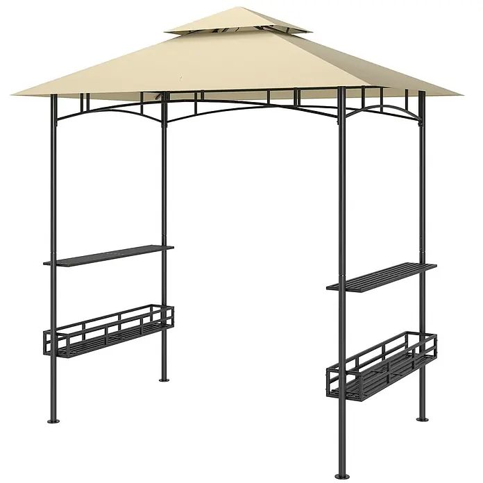Furnicato Grillpavillon - B x T: 150 x 240 cm, Farbe Gestell: Dunkelgrau, Stahl - Beiges zweistufiges Grillpavillon mit schwarzem Metallrahmen und integrierten Seitenablagen für den Außenbereich.