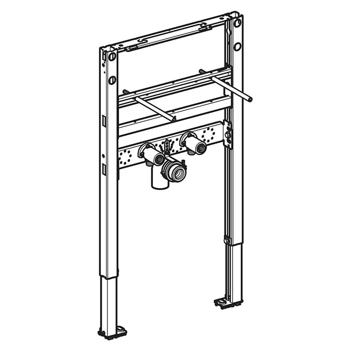 Geberit Waschtisch-Vorwandelement - L x B x H: 4,8 x 50 x 98 cm - Schwarz-weiße Strichzeichnung eines Vorwandelement-Montagerahmens mit verstellbaren Füßen und Sanitäranschlüssen.