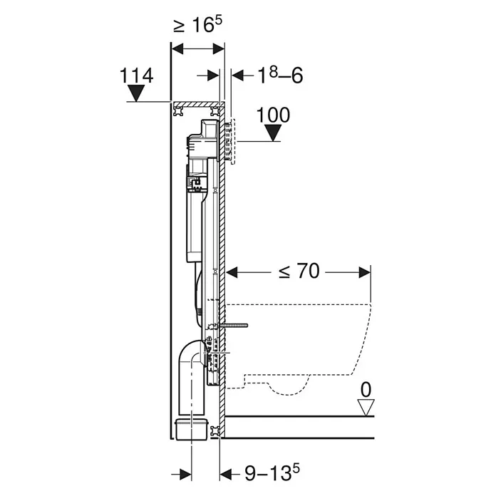 Geberit WC-Vorwandelement - 2-Mengen-Spülung, L x B x H: 42,4 x 16,5 x 104,5 cm - Technische Zeichnung eines Unterputz-WC-Spülkastens und Wandrahmens mit Installationsmaßen.
