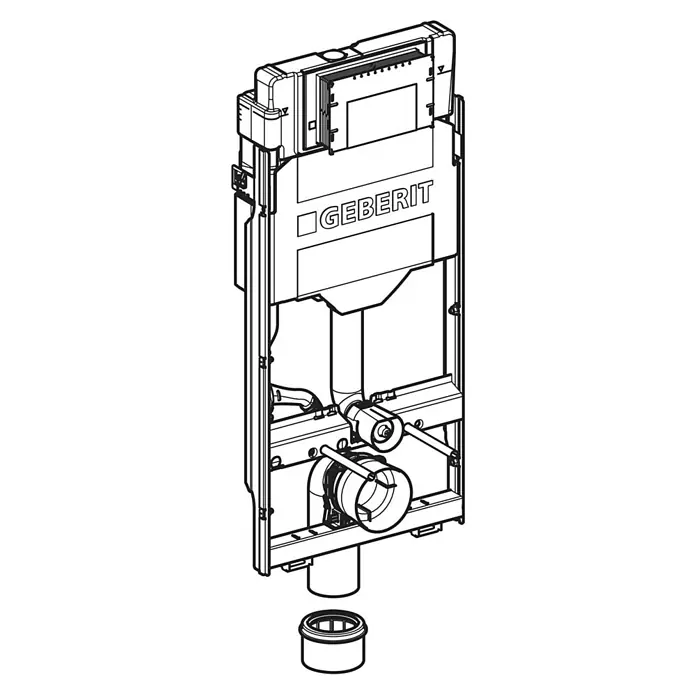 Geberit WC-Vorwandelement - 2-Mengen-Spülung, L x B x H: 42,4 x 16,5 x 104,5 cm - Geberit Unterputz-WC-Spülkasten mit Montagerahmen und Anschlüssen, Strichzeichnung.