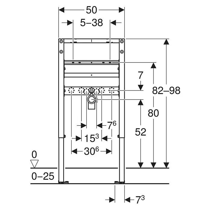 Geberit Waschtisch-Vorwandelement - L x B x H: 4,8 x 50 x 98 cm - Technische Zeichnung eines verdeckten WC-Spülkastenrahmens mit Installationsmaßen für Breite, Höhe und Tiefe.