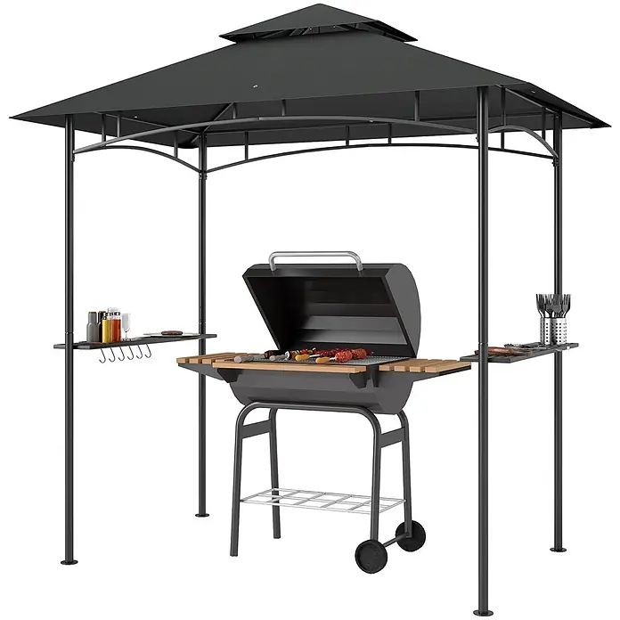 Furnicato Grillpavillon - B x T: 150 x 150 cm, Farbe Gestell: Dunkelgrau, Stahl - Dunkelgrauer Grillpavillon mit zweistufigem Dach, Seitenablagen und Holzkohlegrill mit Holztischen und Rädern.