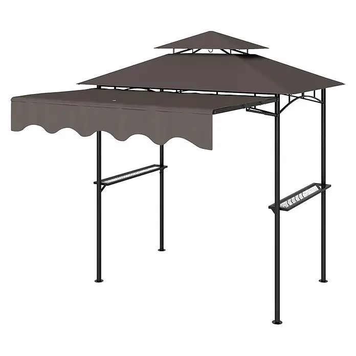 Furnicato Grillpavillon - B x T: 232 x 232 cm, Farbe Gestell: Dunkelgrau, Metall - Braunes zweistufiges Outdoor-Gartenpavillon mit schwarzem Metallrahmen und Seitenablagen.