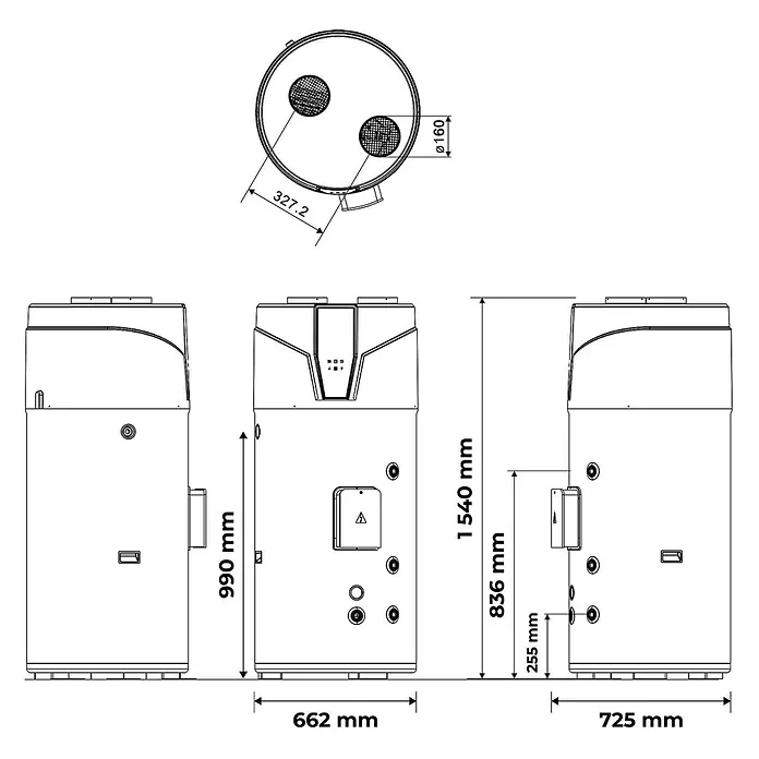 Sannover Warmwasserspeicher - 200 l, 1.500 W - Technische Zeichnung eines zylindrischen Geräts (Warmwasserspeicher), mit Vorder-, Seiten-, Draufsicht und Maßen (z.B. 1540 mm Höhe, 662 mm Breite).