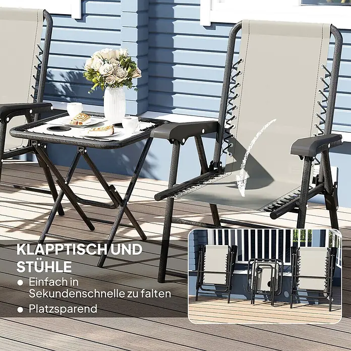 Outsunny Gartentisch-Set - Gesamtumfang: 3 -tlg., Stahl, Netzstoff, Klappbar - Beige Schwerelosigkeitsstühle und Klapptisch für Entspannung auf Holzdeck. Inset zeigt zusammengeklappt zur Lagerung.