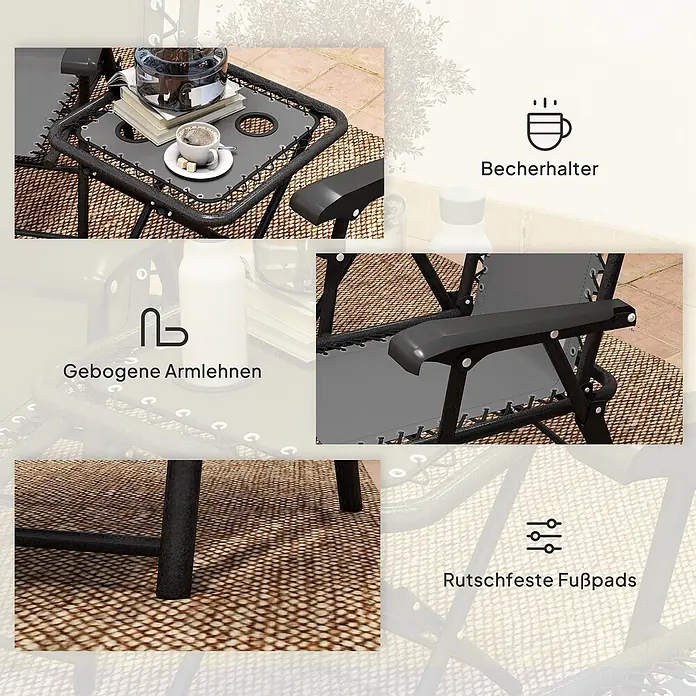 Outsunny Gartentisch-Set - Gesamtumfang: 3 -tlg., Stahl, Netzstoff, Klappbar - Grauer Relaxsessel mit integriertem Becherhalter, ergonomisch gebogenen Armlehnen und rutschfesten Fußpads.