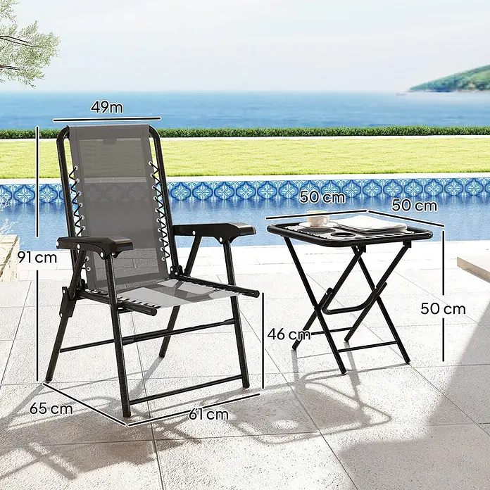 Outsunny Gartentisch-Set - Gesamtumfang: 3 -tlg., Stahl, Netzstoff, Klappbar - Grauer Schwerelosigkeits-Liegestuhl und schwarzer Klappbeistelltisch am Pool mit Meerblick, Maße wie 91 cm Höhe für den Stuhl.