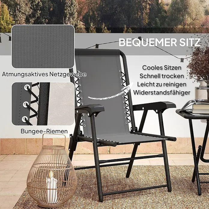Outsunny Gartentisch-Set - Gesamtumfang: 3 -tlg., Stahl, Netzstoff, Klappbar - Dunkelgrauer Relaxsessel mit atmungsaktivem Netzgewebe und Bungee-Riemen, auf einer Terrasse.
