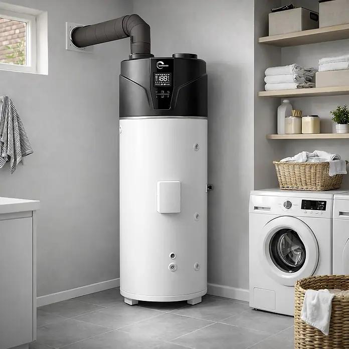 Sannover Warmwasserspeicher - 250 l, 1.500 W - Weißer und schwarzer Sannover Wärmepumpen-Warmwasserbereiter in einem Waschraum, an ein Abluftrohr angeschlossen.