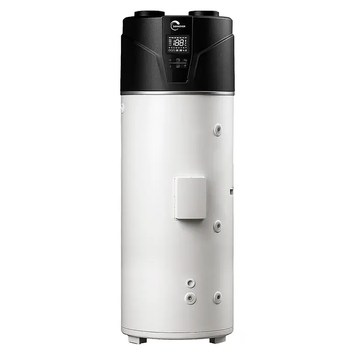 Sannover Warmwasserspeicher - 250 l, 1.500 W - Weißes zylindrisches SANNOVER Gerät mit schwarzem Oberteil, Digitalanzeige und Anschlusspunkten.