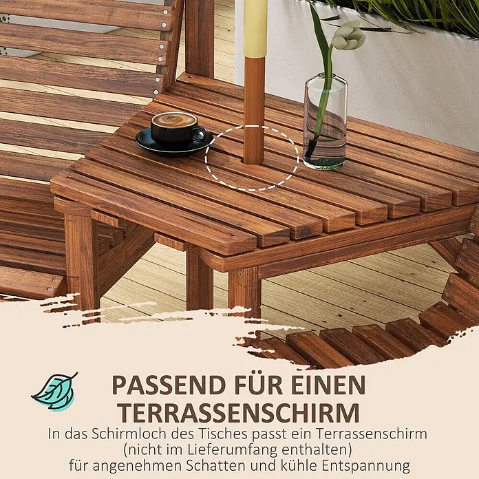 Outsunny Gartentisch-Set - Gesamtumfang: 1 -tlg., L x B x H: 66 x 65 x 90 cm, Tannenholz - Dunkelbrauner Latten-Gartentisch aus Akazienholz mit Schirmloch, darauf eine Kaffeetasse und Vase.
