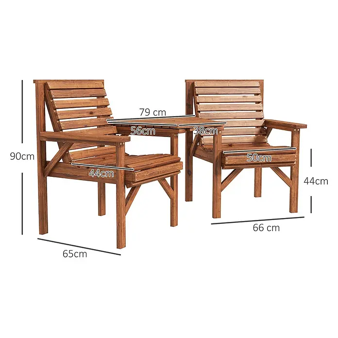 Outsunny Gartentisch-Set - Gesamtumfang: 1 -tlg., L x B x H: 66 x 65 x 90 cm, Tannenholz - Braune hölzerne Garten-Doppelsitzbank mit integriertem Tisch und Maßen.