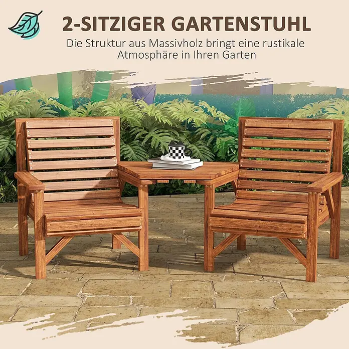 Outsunny Gartentisch-Set - Gesamtumfang: 1 -tlg., L x B x H: 66 x 65 x 90 cm, Tannenholz - Zwei Gartenstühle aus Massivholz mit integriertem Tisch auf einer Terrasse.