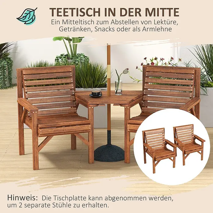 Outsunny Gartentisch-Set - Gesamtumfang: 1 -tlg., L x B x H: 66 x 65 x 90 cm, Tannenholz - Braune hölzerne 2-Sitzer Gartenbank mit integriertem Mitteltisch für Terrasse/Balkon. Der Tisch ist abnehmbar für zwei separate Stühle.