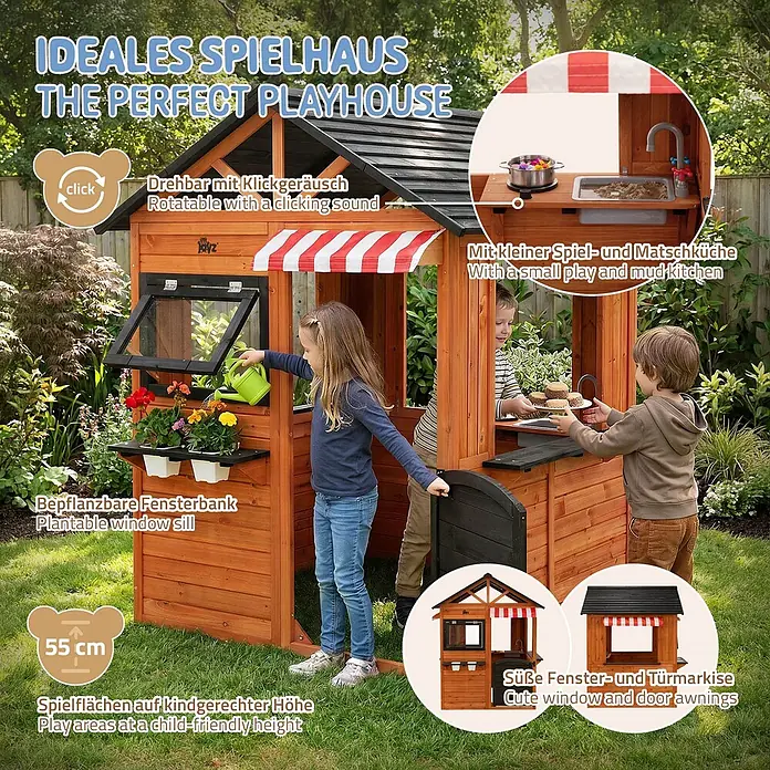 ECD Germany Spielhaus Outdoor Spielhaus für Kinder mit Tür, Fenstern, 2 Blumentöpfen, wetterfest - L x B x H: 134 x 134 x 156,5 cm, Holz, Braun, Schwarz - Hölzernes Spielhaus mit Markisen, Matschküche und bepflanzbarer Fensterbank. Kinder spielen darin.