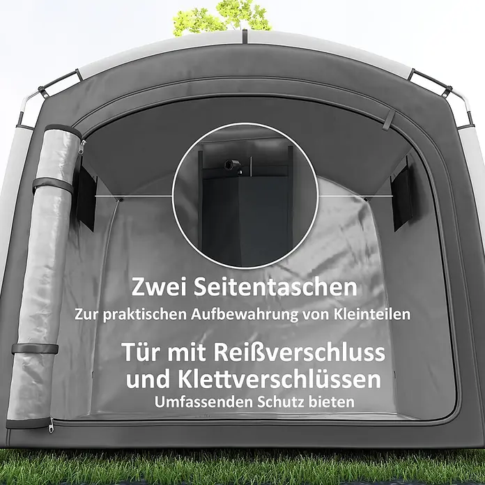 Outsunny Fahrradgarage - Polyester, Dunkelgrau - Innenansicht eines grauen Lagerzelts mit zwei Seitentaschen für Kleinteile und einer Reißverschluss- und Klettverschlusstür zum Schutz.
