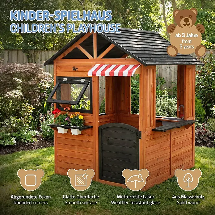 ECD Germany Spielhaus Outdoor Spielhaus für Kinder mit Tür, Fenstern, 2 Blumentöpfen, wetterfest - L x B x H: 134 x 134 x 156,5 cm, Holz, Braun, Schwarz - Hölzernes Kinderspielhaus mit schwarzem Dach, rot-weißem Vordach, Fenstern, Spüle und Blumenkästen im Garten.