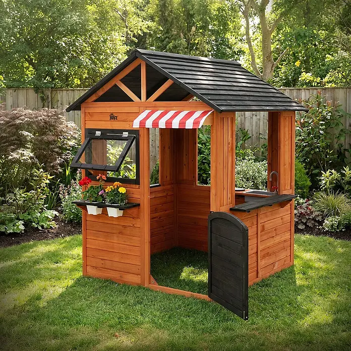 ECD Germany Spielhaus Outdoor Spielhaus für Kinder mit Tür, Fenstern, 2 Blumentöpfen, wetterfest - L x B x H: 134 x 134 x 156,5 cm, Holz, Braun, Schwarz - Hölzernes Garten-Spielhaus mit dunklem Dach, rot-weiß gestreifter Markise, Blumenkasten und Theke mit Spüle.