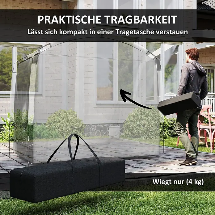 Outsunny-Fahrradgarage-220L x 150B x 195H cm -  - Person trägt schwarze Tragetasche für eine transparente, kompakte und leichte (4 kg) tragbare Struktur, auf einer Terrasse dargestellt.