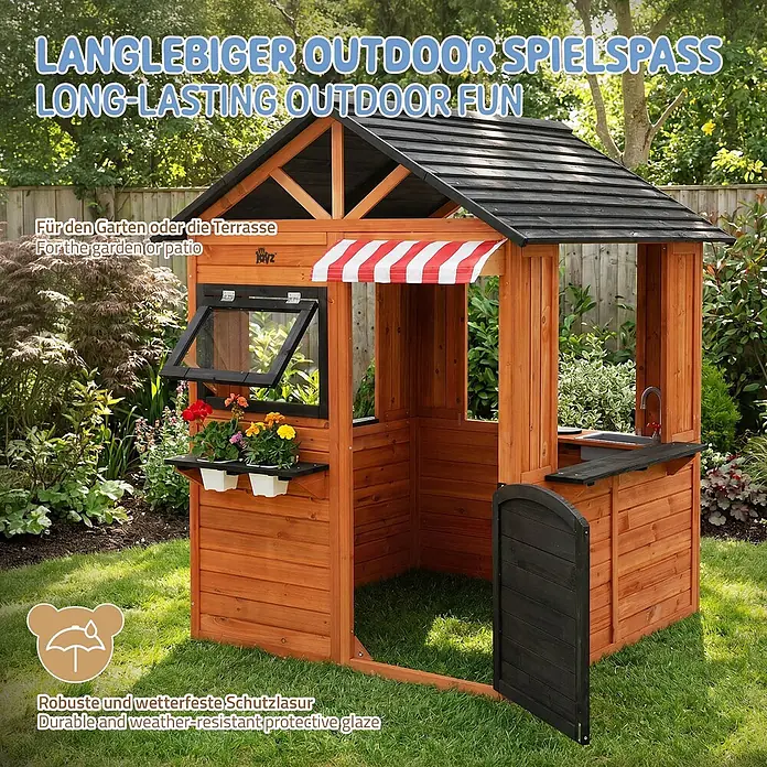 ECD Germany Spielhaus Outdoor Spielhaus für Kinder mit Tür, Fenstern, 2 Blumentöpfen, wetterfest - L x B x H: 134 x 134 x 156,5 cm, Holz, Braun, Schwarz - Hölzernes Spielhaus für draußen mit schwarzem Dach, rot-weißem Vordach, Fenster und Spülbereich im Garten.