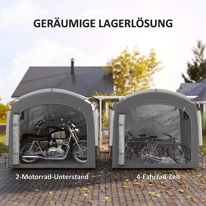 Outsunny-Fahrradgarage-220L x 150B x 195H cm -  - Zwei graue tragbare Lagerzelte auf gepflastertem Außenbereich, eines für zwei Motorräder, das andere für vier Fahrräder.