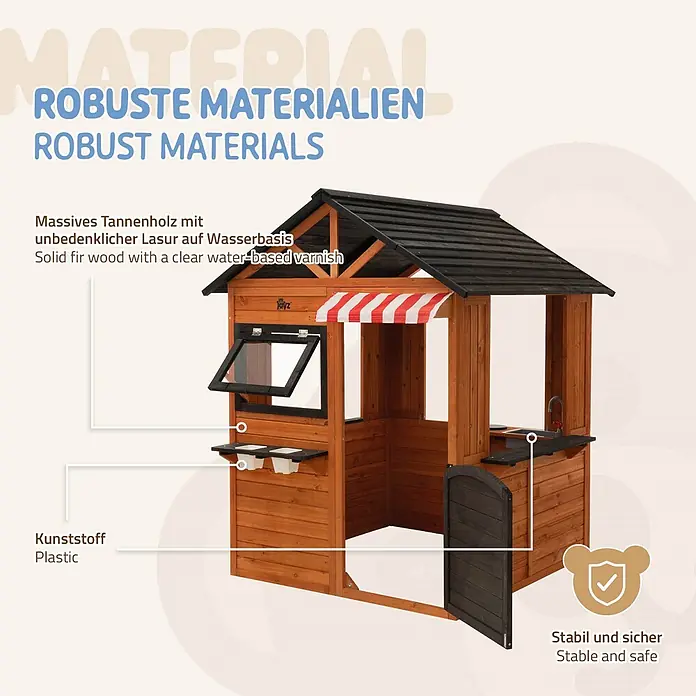 ECD Germany Spielhaus Outdoor Spielhaus für Kinder mit Tür, Fenstern, 2 Blumentöpfen, wetterfest - L x B x H: 134 x 134 x 156,5 cm, Holz, Braun, Schwarz - Robustes Spielhaus aus massivem Tannenholz mit wasserbasierter Lasur, schwarzen Details, rot-weißem Vordach und Kunststoffelementen. Sicher und stabil.
