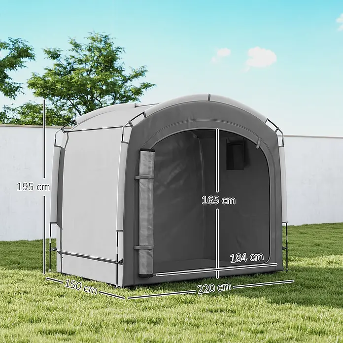 Outsunny-Fahrradgarage-220L x 150B x 195H cm -  - Outdoor-Abstellzelt aus hell- und dunkelgrauem Stoff mit Maßen.