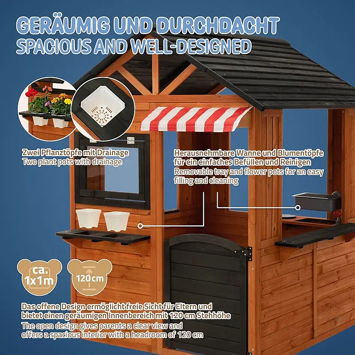ECD Germany Spielhaus Outdoor Spielhaus für Kinder mit Tür, Fenstern, 2 Blumentöpfen, wetterfest - L x B x H: 134 x 134 x 156,5 cm, Holz, Braun, Schwarz - Holzspielhaus aus braunem/schwarzem Holz mit gestreifter Markise, Pflanztöpfen und herausnehmbarer Wanne. Offenes Design, 120 cm Stehhöhe.