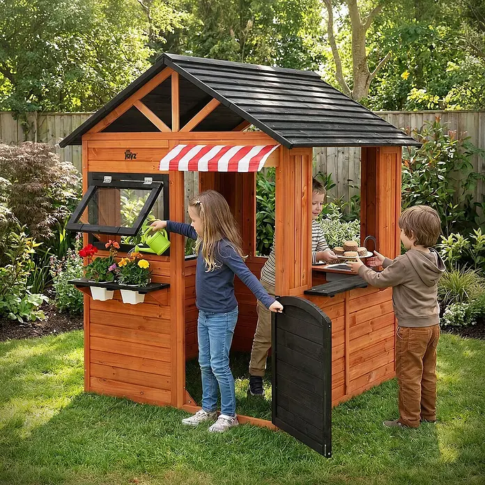 ECD Germany Spielhaus Outdoor Spielhaus für Kinder mit Tür, Fenstern, 2 Blumentöpfen, wetterfest - L x B x H: 134 x 134 x 156,5 cm, Holz, Braun, Schwarz - Hölzernes Spielhaus mit schwarzem Dach und rot-weißem Vorzelt. Kinder spielen, gießen Blumen und servieren Leckereien.