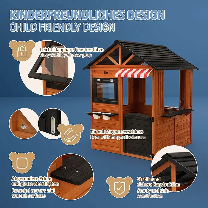 ECD Germany Spielhaus Outdoor Spielhaus für Kinder mit Tür, Fenstern, 2 Blumentöpfen, wetterfest - L x B x H: 134 x 134 x 156,5 cm, Holz, Braun, Schwarz - Hölzernes Kinder-Spielhaus mit Klappfenster, Magnettür, abgerundeten Ecken und sicherem Design.