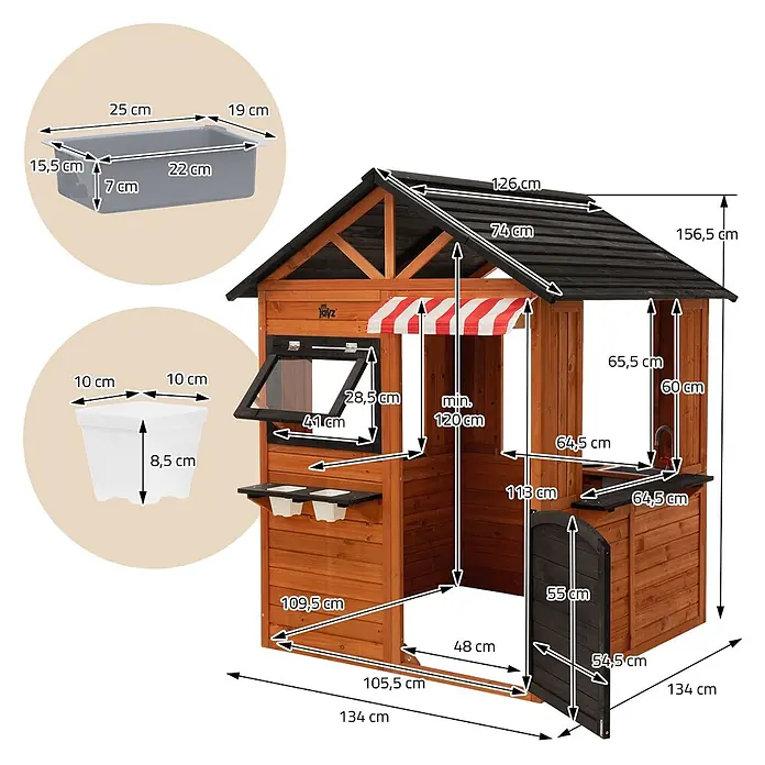 ECD Germany Spielhaus Outdoor Spielhaus für Kinder mit Tür, Fenstern, 2 Blumentöpfen, wetterfest - L x B x H: 134 x 134 x 156,5 cm, Holz, Braun, Schwarz - Hölzernes Kinderspielhaus mit schwarzem Dach, gestreifter Markise, Spüle, Tür, Regalen, grauem Becken und weißem Topf, mit Maßen.