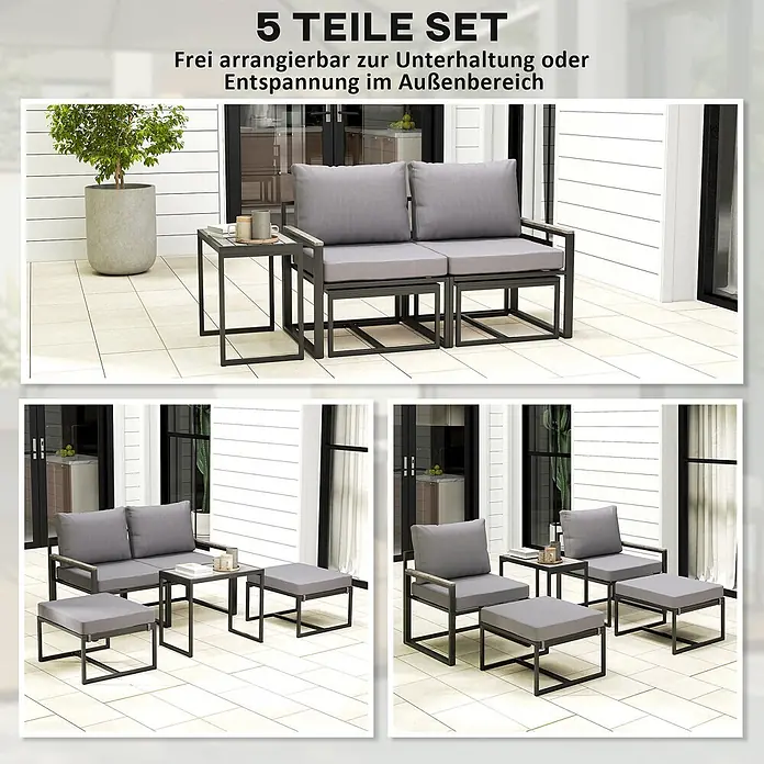 Outsunny Loungemöbel-Set mit Tisch - 3 -tlg., Stahl, Polyester, Schaumstoff, Holzwerkstoffe, 2x Sessel, 2x Fußhocker, 1x Tisch, 6x Kissen, 1x Handbuch, Grau - Ein vielseitiges 5-teiliges Outdoor-Lounge-Set mit dunkelgrauen Rahmen und hellgrauen Kissen, konfigurierbar für Entspannung auf der Terrasse.