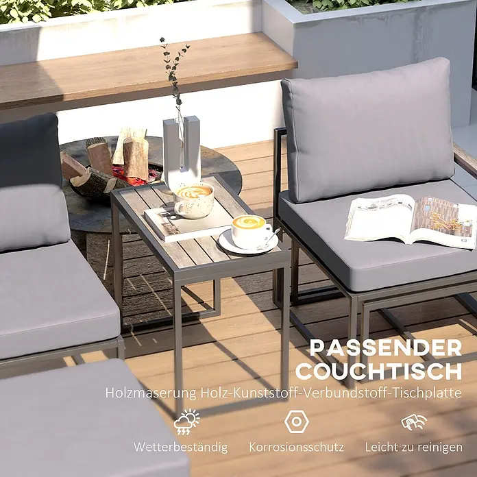 Outsunny Loungemöbel-Set mit Tisch - 3 -tlg., Stahl, Polyester, Schaumstoff, Holzwerkstoffe, 2x Sessel, 2x Fußhocker, 1x Tisch, 6x Kissen, 1x Handbuch, Grau - Modernes Outdoor-Loungeset mit grauen Kissen und passendem Beistelltisch in Holzoptik auf einer Holzterrasse.