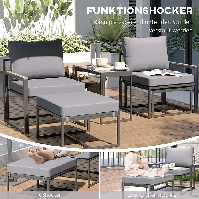 Outsunny Loungemöbel-Set mit Tisch - 3 -tlg., Stahl, Polyester, Schaumstoff, Holzwerkstoffe, 2x Sessel, 2x Fußhocker, 1x Tisch, 6x Kissen, 1x Handbuch, Grau - Dunkelgraues Outdoor-Sitzset mit hellgrauen Kissen und Holzarmlehnen. Vielseitiger Hocker für Ablage, Fußstütze oder zusätzlichen Sitzplatz.
