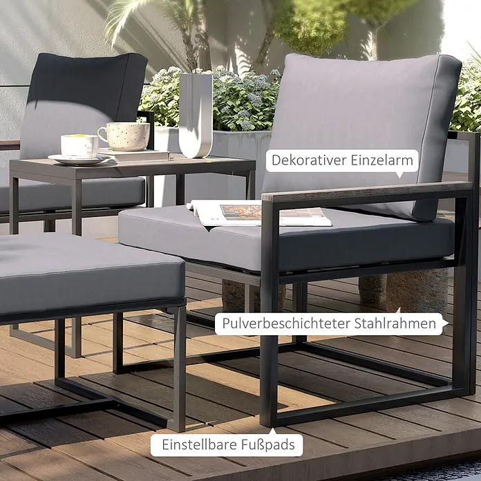 Outsunny Loungemöbel-Set mit Tisch - 3 -tlg., Stahl, Polyester, Schaumstoff, Holzwerkstoffe, 2x Sessel, 2x Fußhocker, 1x Tisch, 6x Kissen, 1x Handbuch, Grau - Outdoor-Lounge-Set mit dunkelgrauen Kissen, pulverbeschichtetem Stahlrahmen, Holzarmlehnen und verstellbaren Fußpads.