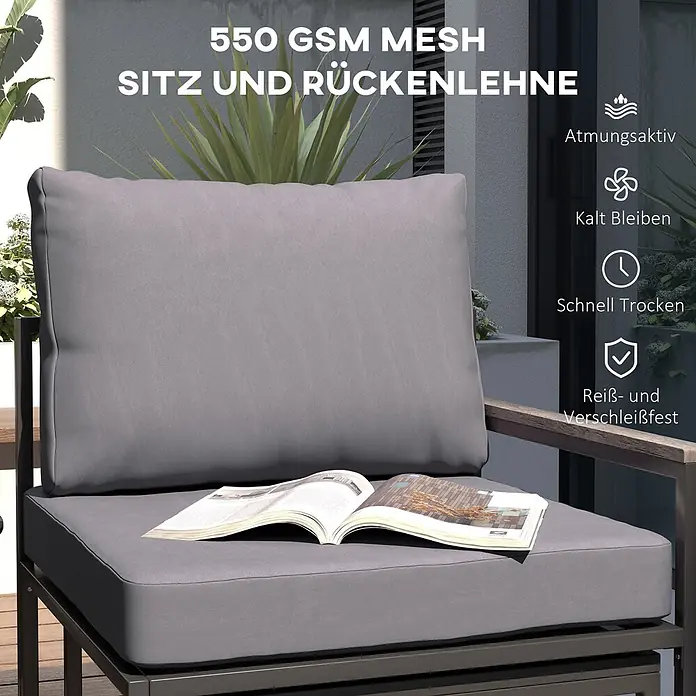 Outsunny Loungemöbel-Set mit Tisch - 3 -tlg., Stahl, Polyester, Schaumstoff, Holzwerkstoffe, 2x Sessel, 2x Fußhocker, 1x Tisch, 6x Kissen, 1x Handbuch, Grau - Graue 550 GSM Mesh Outdoor-Stuhlkissen (Sitz und Rückenlehne) mit atmungsaktiven, schnell trocknenden und reißfesten Eigenschaften.