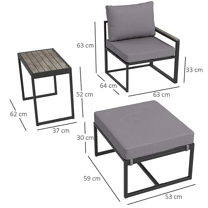 Outsunny Loungemöbel-Set mit Tisch - 3 -tlg., Stahl, Polyester, Schaumstoff, Holzwerkstoffe, 2x Sessel, 2x Fußhocker, 1x Tisch, 6x Kissen, 1x Handbuch, Grau - Gartenmöbelset aus schwarzem Metall mit grauen Kissen und Beistelltisch mit Holzplatte.