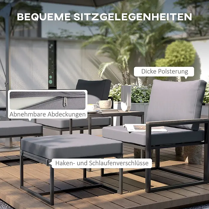Outsunny Loungemöbel-Set mit Tisch - 3 -tlg., Stahl, Polyester, Schaumstoff, Holzwerkstoffe, 2x Sessel, 2x Fußhocker, 1x Tisch, 6x Kissen, 1x Handbuch, Grau - Outdoor-Lounge-Set mit dunkelgrauen Kissen, dicker Polsterung, abnehmbaren Bezügen mit Reißverschlüssen und Klettverschlüssen auf einer Holzterrasse.