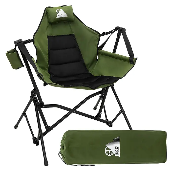 ECD Germany Campingstuhl Klappstuhl mit Stahlgestell Getränkehalter Nackenkissen & Tasche - 1 Stk., Stahl, pulverbeschichtet,600D Oxford Gewebe, gepolstert, Rückenlehne verstellbar, Khaki - Grüner Klappcampingstuhl mit schwarzen Akzenten und passender grüner Tragetasche.
