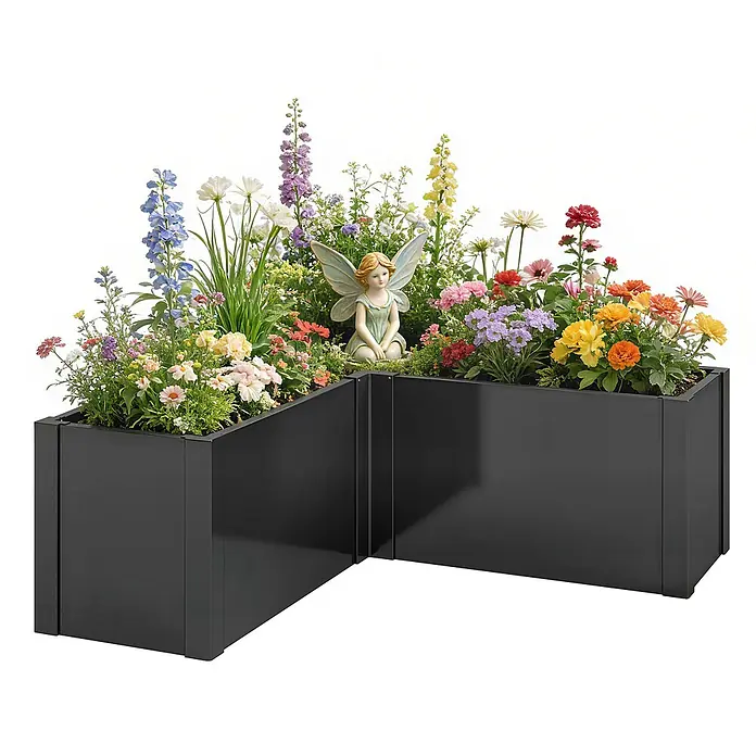 Outsunny Hochbeet - 150 x 150 x 55 cm, Schwarz - Schwarze L-förmige Hochbeete mit bunten Blumen und einer Feenstatue.