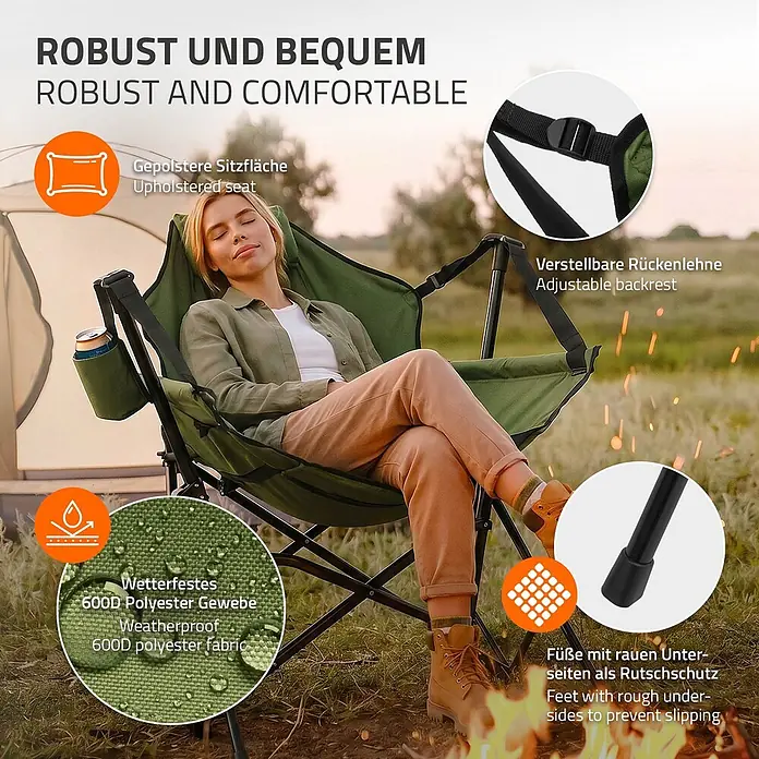 ECD Germany Campingstuhl Klappstuhl mit Stahlgestell Getränkehalter Nackenkissen & Tasche - 1 Stk., Stahl, pulverbeschichtet,600D Oxford Gewebe, gepolstert, Rückenlehne verstellbar, Khaki - Grüner Campingstuhl mit gepolstertem Sitz und verstellbarer Rückenlehne aus wetterfestem 600D Polyester, im Freien genutzt.