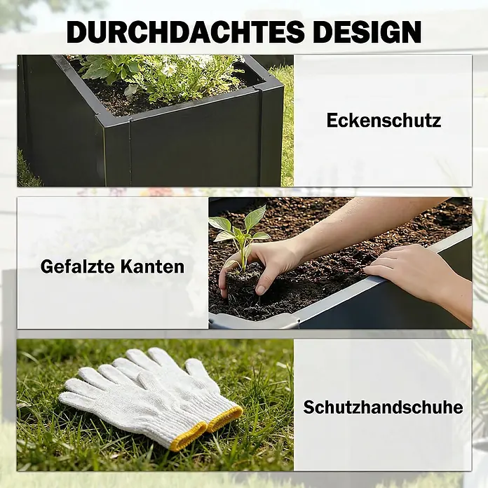 Outsunny Hochbeet - 150 x 150 x 55 cm, Schwarz - Dunkles, modulares Hochbeet mit Eckenschutz und gefalzten Kanten. Eine Hand pflanzt einen Setzling, dazu weiße Schutzhandschuhe auf Gras.