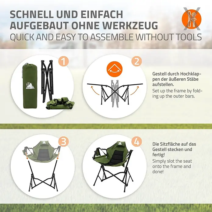 ECD Germany Campingstuhl Klappstuhl mit Stahlgestell Getränkehalter Nackenkissen & Tasche - 1 Stk., Stahl, pulverbeschichtet,600D Oxford Gewebe, gepolstert, Rückenlehne verstellbar, Khaki - Grüner faltbarer Campingstuhl, dessen werkzeuglose Montage in Schritten gezeigt wird.