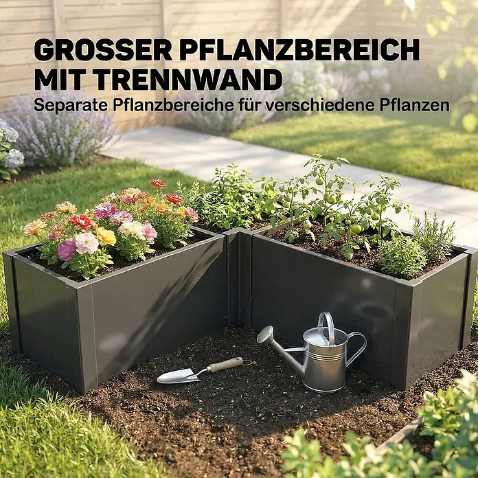 Outsunny Hochbeet - 150 x 150 x 55 cm, Schwarz - Dunkelgraues L-förmiges Hochbeet mit Trennwand, gefüllt mit Blumen und Tomatenpflanzen im Garten.