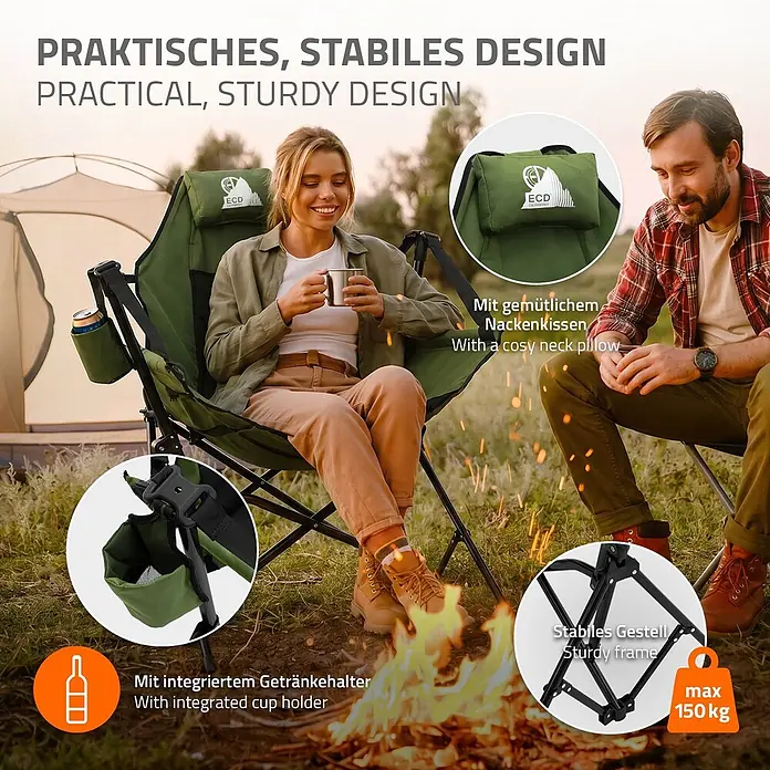 ECD Germany Campingstuhl Klappstuhl mit Stahlgestell Getränkehalter Nackenkissen & Tasche - 1 Stk., Stahl, pulverbeschichtet,600D Oxford Gewebe, gepolstert, Rückenlehne verstellbar, Khaki - Grüner Campingstuhl mit Nackenkissen, Becherhalter und stabilem 150kg Rahmen, im Freien am Lagerfeuer genutzt.